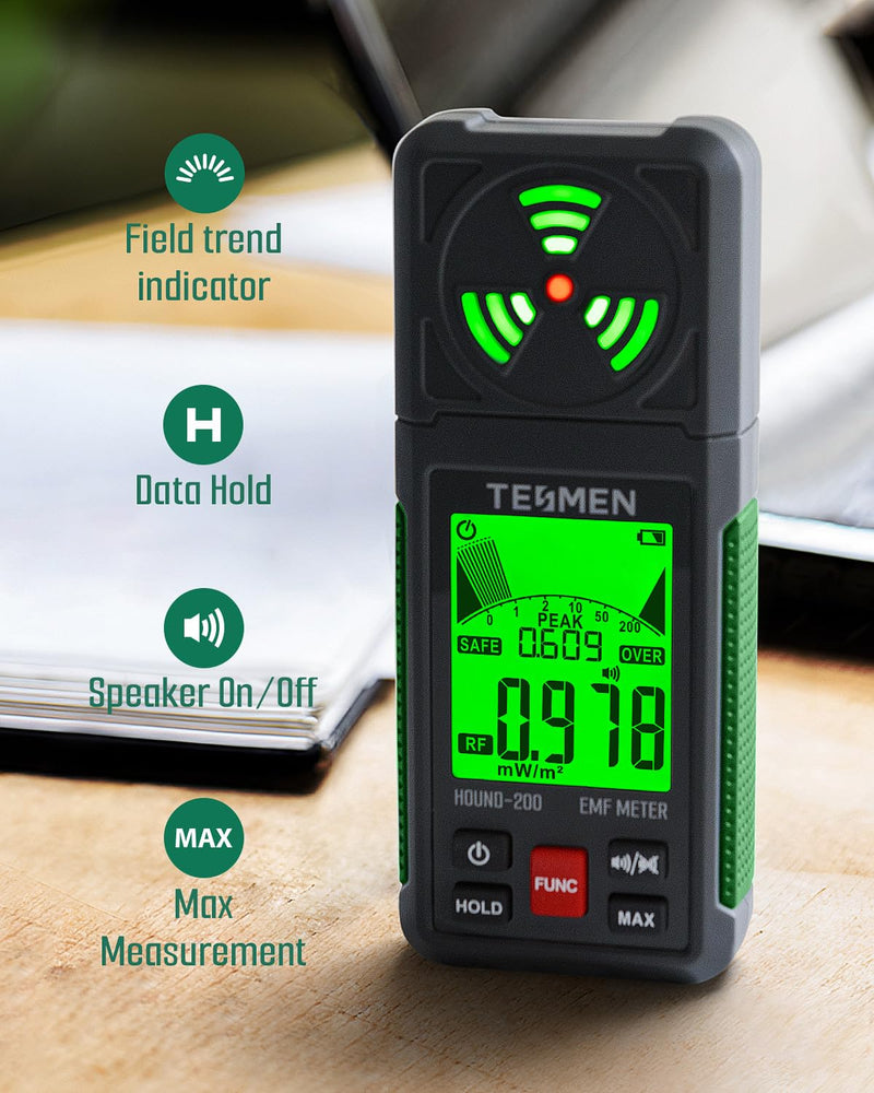 [Australia - AusPower] - EMF Meter, Hound-200 EMF Detector: 3-in-1 Portable Electromagnetic Field Radiation Detector for EF, RF, MF, WiFi Signal, Suitable for Home, Office EMF Inspections and Ghost Hunting - Green 