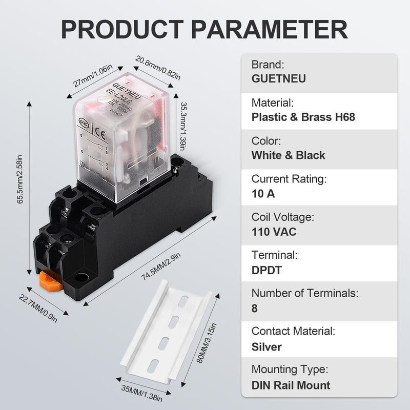 [Australia - AusPower] - 2 Pcs Electromagnetic Power Relays, Red Indicator Light, 8-Pin DPDT 10 A 110 VAC Relay with Plug-in Terminal Socket, DIN Rail Mounted, CQC, CE (EE-L2CLG) 8-Pin 110 VAC 