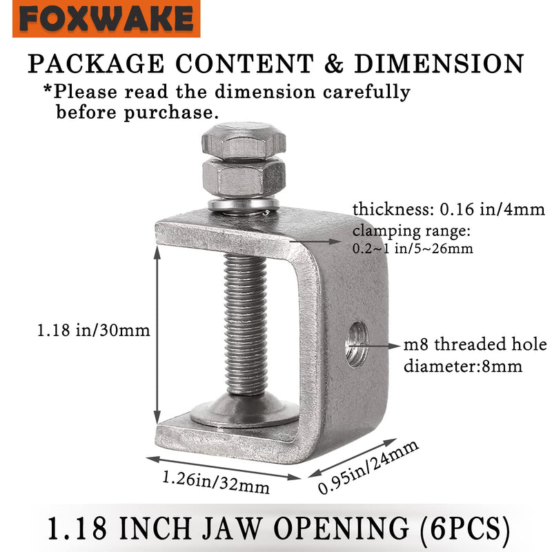 [Australia - AusPower] - Stainless Steel C Clamps Mini 1 Inch for Mounting, Heavy Duty Metal U Clamps for Metal Working, Small Desk Clamp with Stable Wide Jaw Opening & Protective Pads/I-Beam Design (6pcs) 1 3/16 Inch 