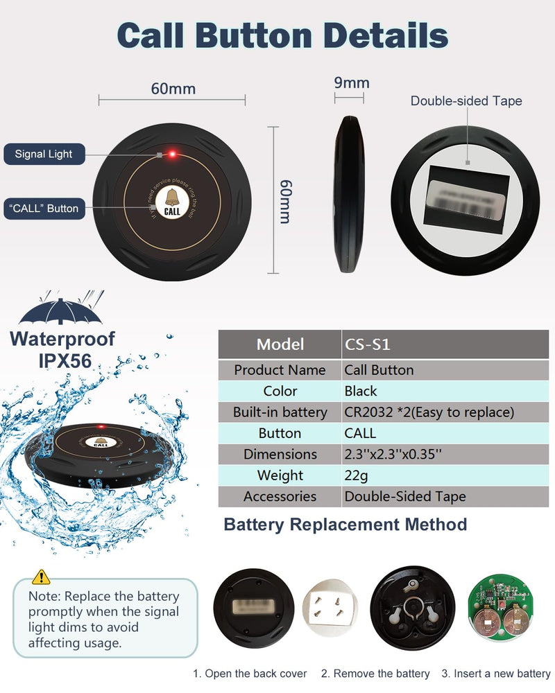 [Australia - AusPower] - Restaurant Pager System 1 Wrist Watch Receiver 2 Call Buttons 400+ft Long Range Nurse Call System for Restaurant,Clinic,Hotel,Cafe,Bar (2 Call Button(S1) + 1 Watch Receiver(200VT)) 2 call button(S1) + 1 watch receiver(200VT) 