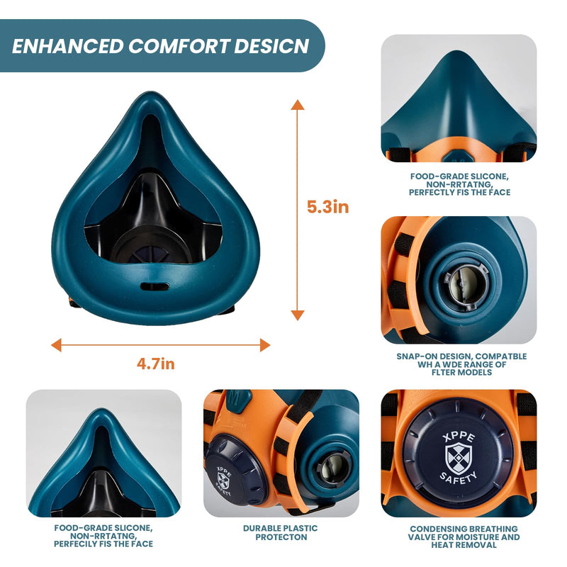 Reusable Half Face Respirator Mask with Dual Filtration, Anti-Gas Anti-Dust, Suitable for Painting, Woodworking, Welding, Construction & DIY