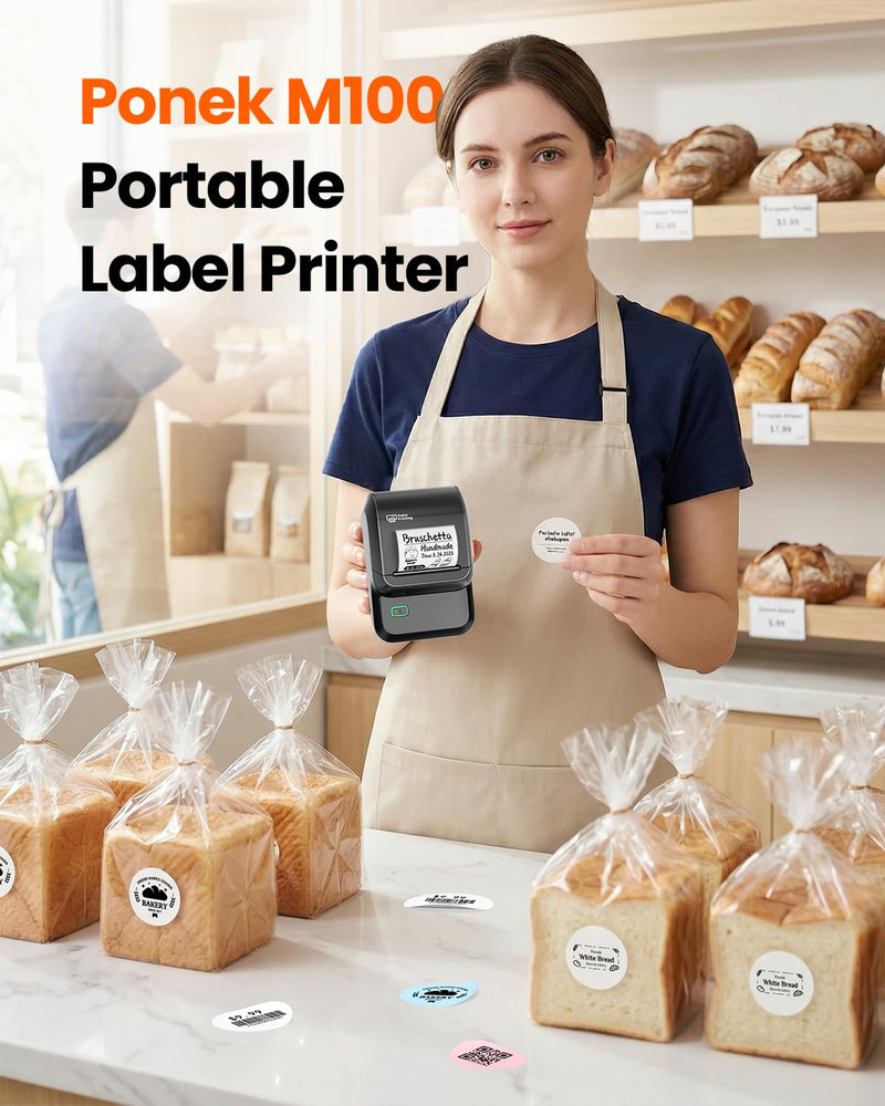 Ponek Label Maker Machine with Tape, M100 Address Barcode Label Printer, Versatile App 4000 Icons and 300 Fonts, Industrial Label Makers for Small Business, Office, Home, School, Safety Label Makers 1 Printer+1 Roll Labels Black