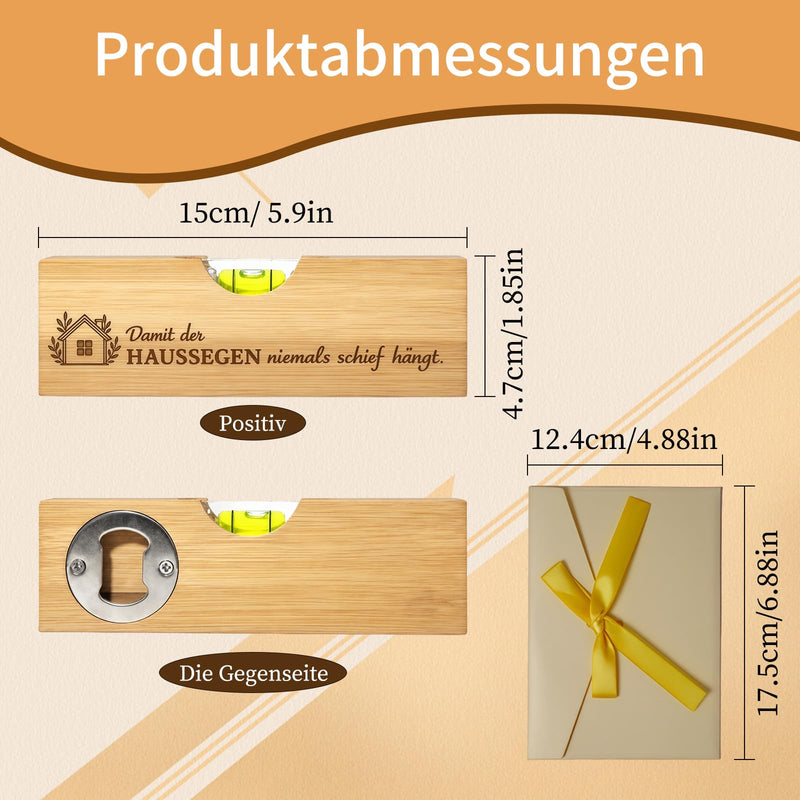 Housewarming Gifts Home, Spirit Level with Bottle Opener Made of Bamboo Wood | Practical topping party gift and new home gift made of bamboo. Includes elegant envelope with yellow bow