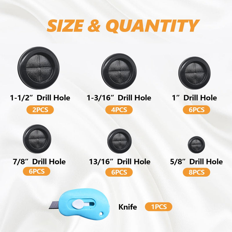[Australia - AusPower] - mankk 33Pcs Rubber Grommet Kit 6 Size (5/8" 13/16" 7/8" 1" 1-3/16" 1-1/2") Drill Hole Round Double Sided Rubber Hole Plug with Retractable Box Knife for Protecting Cable Wire M-119-33PCS 