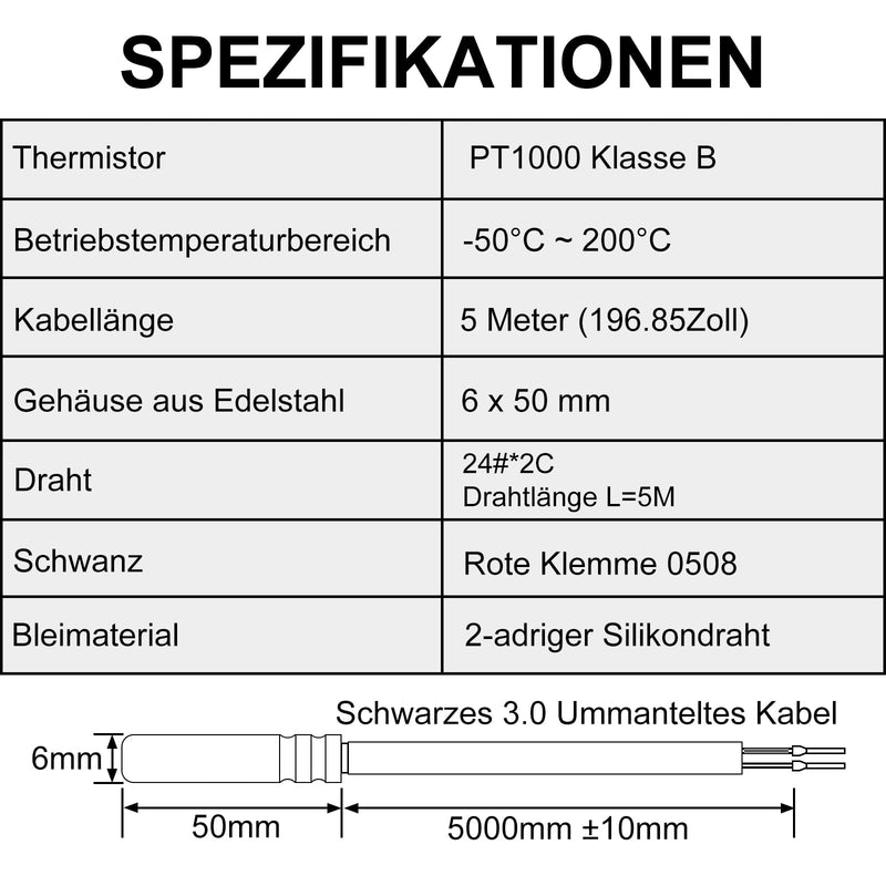 [Australia - AusPower] - PT1000 Temperature Sensor 5 m, Digital Waterproof Temperature Sensor with Waterproof Stainless Steel Sensor and Silicone Material Cable up to 200 °C Compatible with Raspberry Pi (Pack of 1) 5M 