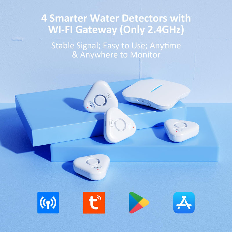 Smart Water Leak Detectors for Home WiFi with App Alerts, Stechro Ajustable 120dB Water Sensor Alarm Leak Detector for Basements Sink Kitchen Laundry, 4 Water Sensors & 1 Gateway 4 Upgraded Sensor&1 Wifi Gateway White