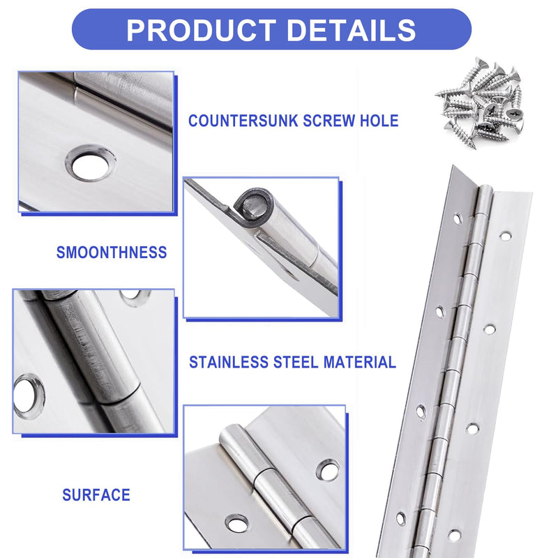 [Australia - AusPower] - 6Pack Silver Continuous & Piano Hinge1.2 OpenWidthX0.04 ThicknessX10'' Heavy Duty Piano Hinges withHole Polished Stainless Furniture Hinges for Boats Cabinets Storage Box Door Cases with 60Screws 10Inch-6pcs(Silver) 