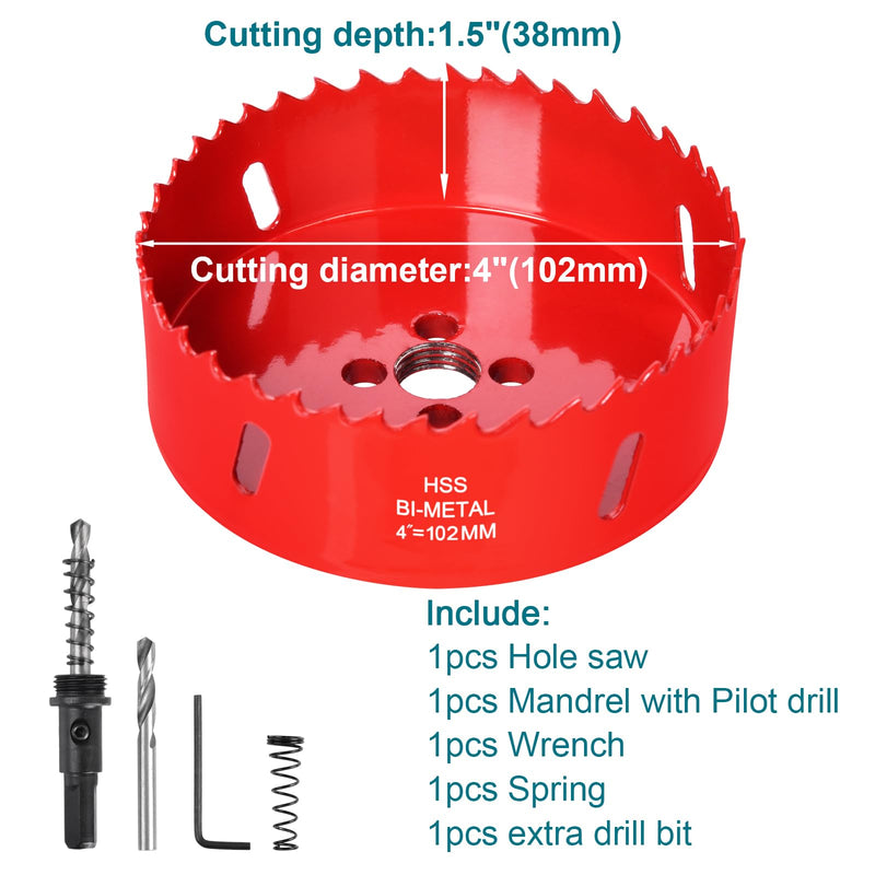 4 Inch / 102mm Hole Saw for Wood, Plastic Board, Ceiling,Drywall, and Metal Sheet - HSS Bi-Metal Hole Cutter with Pilot Drill Bit 4"(102MM)