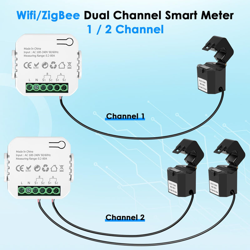 [Australia - AusPower] - Smart Home Energy Monitor, with 2 x 80A CTs, Bi-Directional Power Tracking, Real-Time Electricity Usage Monitor, 2.4GHz Wi-Fi, Compatible with Tuya/Smart Life Apps 