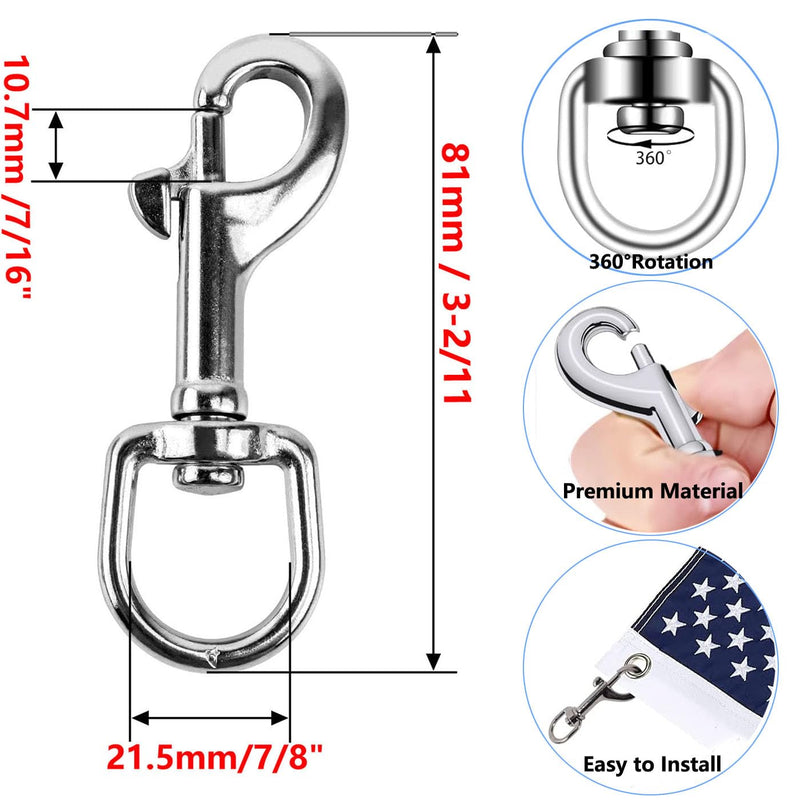 [Australia - AusPower] - 4PCS Flag Swivel Snap Clips Stainless Steel Flag Snaps Hooks Heavy Duty Metal Flagpole Accessories Eye Bolt Clips for Pet Leash, Key Chain, Leather Craft (Silver Clip) silver clip 
