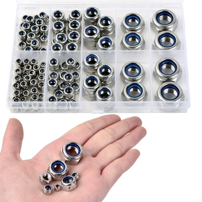 [Australia - AusPower] - Locknuts Assortment Kit - M3 M4 M5 M6 M8 M10 M12 Metric Nylon Insert Lock Nuts Set,140PCS Lock Nuts,304 Stainless Steel Metric Locknuts Assortment 140PCS 