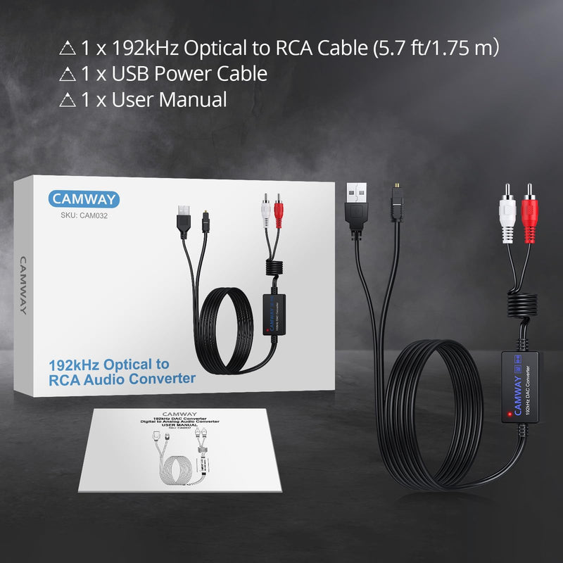 [Australia - AusPower] - CAMWAY Digital to Analog Audio Converter,Optical to R/C/A Converter,SPDIF to R/C/A,192kHz DAC Converter 5.7 ft Audio Cable,Optical Toslink to R/C/A Audio Adapter 