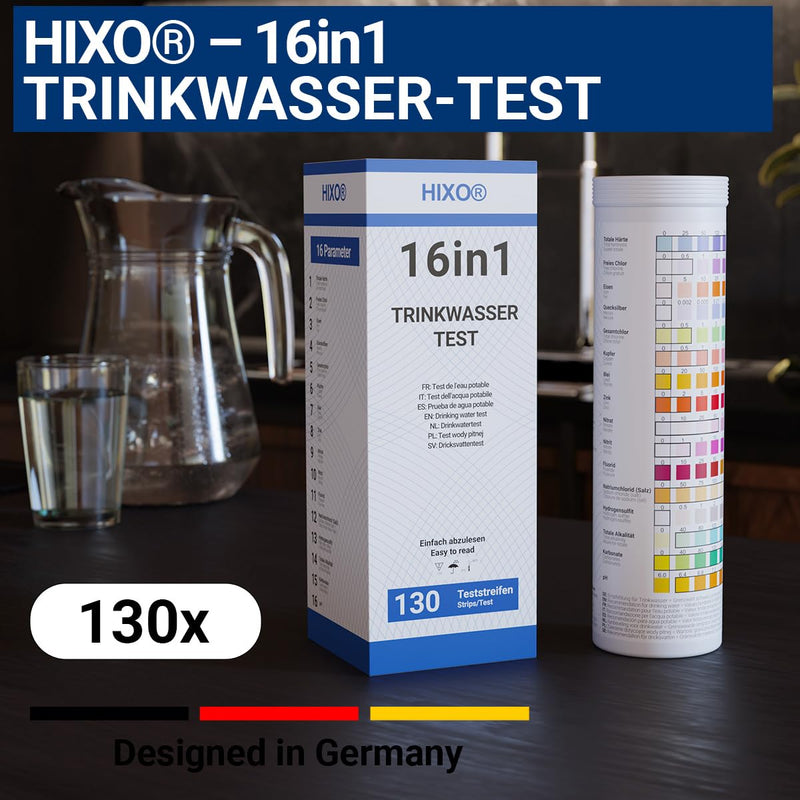 [Australia - AusPower] - 130 x 16-in-1 drinking water test strips in tube, water analysis for 16 parameters, ideal water test strips for drinking water, pool, spa and aquarium, tests water hardness, lead, copper, iron and 