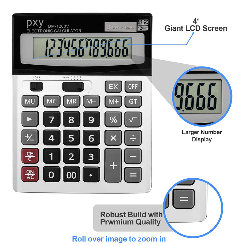 [Australia - AusPower] - Desk Calculator 12 Digit Extra Large LCD Display, Touch Comfortable with Big Buttons, PXY Two Way Power Battery and Solar Standard Function Office Calculators 