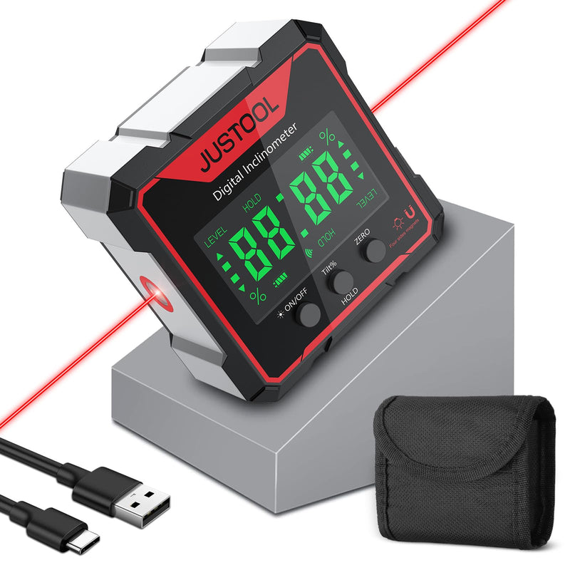 [Australia - AusPower] - JUSTOOL Digital Level Box Angle Finder Gauge with Electronic Laser 4-Side Strong Magnetic Angle Gauge Backlight Inclinometer Rechargeable Angle Measuring Device for Woodworking Renovations Red 
