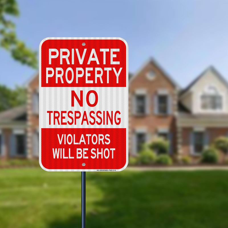 Private Property No Trespassing Sign 2 Pack, Large 18"x12" Violators Will Be Shot Sign, Heavy Duty Reflective Aluminum, Rust Free Weather Resistant Red- 18"x12"