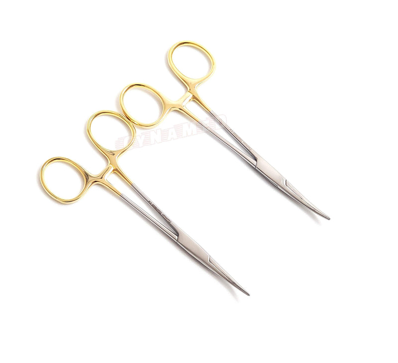 [Australia - AusPower] - Premium German Stainless- Set of 2 PCS Gold Handle Mosquito Locking HEMOSTAT Forceps Straight + Curved 5"-Cynamed 