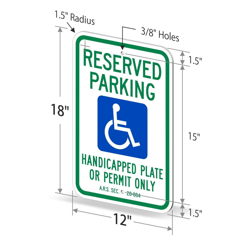 SmartSign "Reserved Parking - Handicap Plate Or Permit Only" Official Arizona Sign | 12" x 18" 3M Engineer Grade Reflective Aluminum