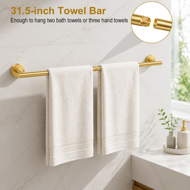 Brushed Gold Bathroom Accessories Set, 7 Pieces Gold Towel Bar Bathroom Hardware Set, 31.5 Inch Towel Racks for Bathroom, SUS304 Stainless Steel Bathroom Towel Holder Toilet Paper Holder Wall Mounted Brusehd Gold