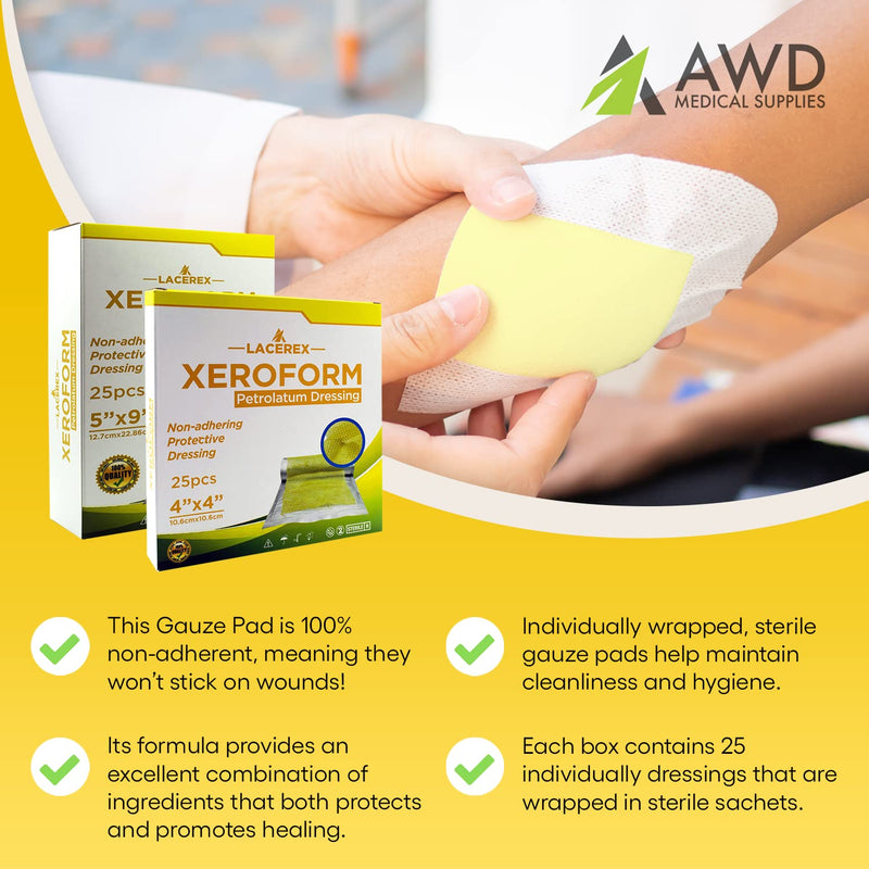 [Australia - AusPower] - AWD Medical Xeroform Petrolatum Dressing 5x9 - Non-Adhering Gauze Pads - Fine Mesh Gauze Patch Sterile - Healthcare Supplies for Wound Care, Burns, Lacerations, & Skin Grafts Aide (Box of 25, 5"x9") 5"x9" 