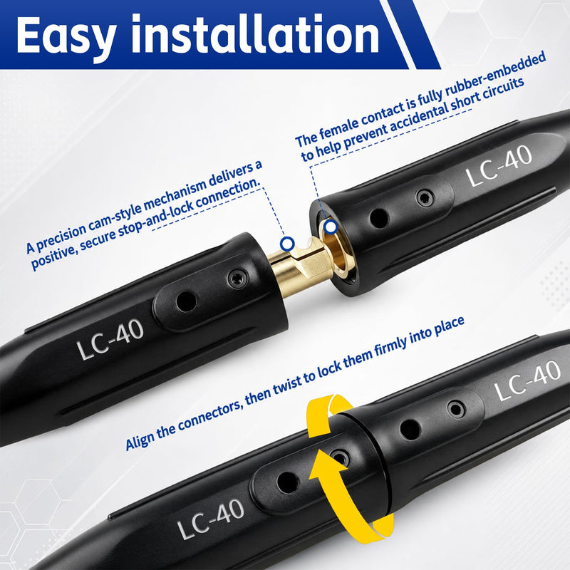 2 Pack LC-40 Welding Leads Quick Connector, Welding Cable Connectors, Male & Female Welding Connectors for Welding Machine Accessories, 1/0 and 2/0 Welding Cable Size Capacity, 350 amps Max Rating