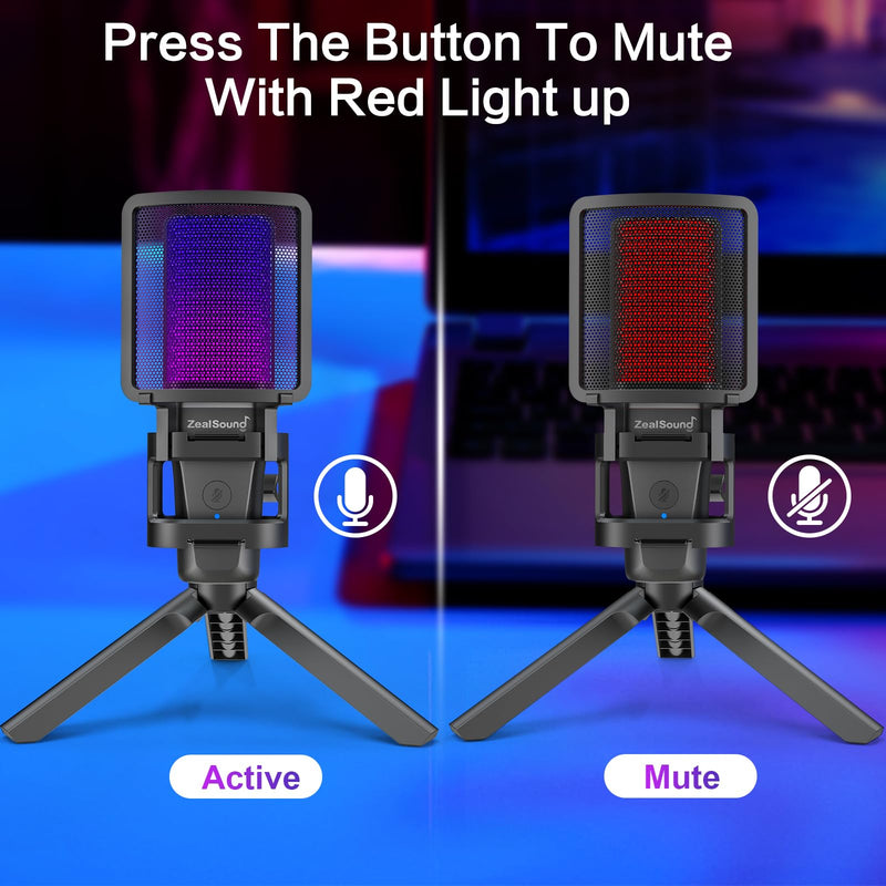 [Australia - AusPower] - ZealSound Gaming USB Microphone for PC,RGB Condenser Computer Mic with Tripod Stand,Quick Mute,Gain Control for Gaming,Streaming,Podcasting,Recording,ASMR,Cardioid Mic Kit for Laptop/PS4/PS5/Phone RGB 