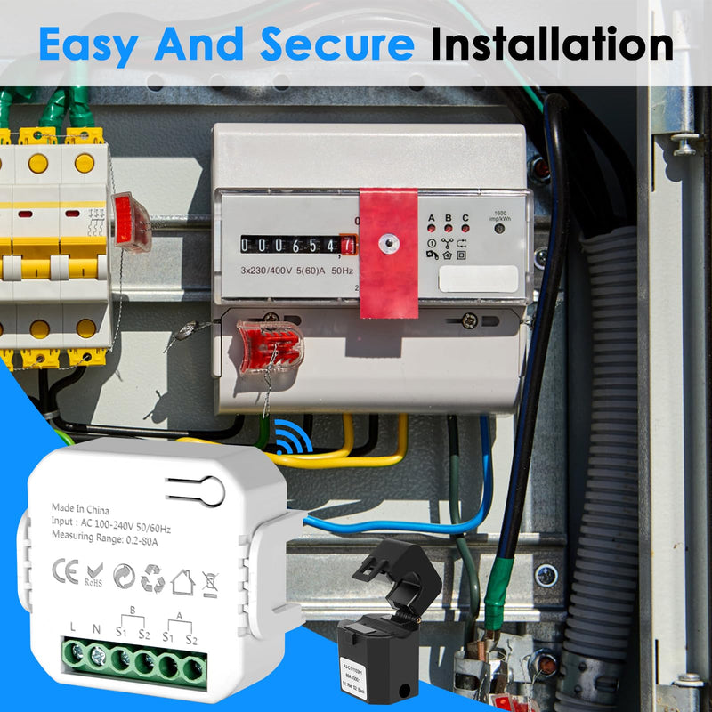 [Australia - AusPower] - Smart Home Energy Monitor, with 2 x 80A CTs, Bi-Directional Power Tracking, Real-Time Electricity Usage Monitor, 2.4GHz Wi-Fi, Compatible with Tuya/Smart Life Apps 