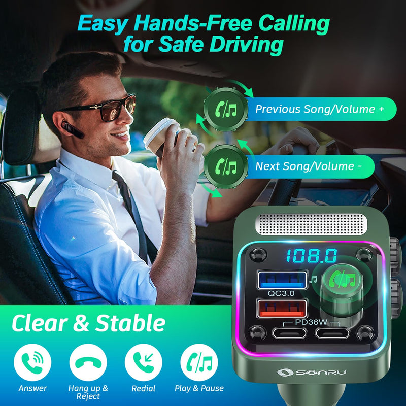 [Australia - AusPower] - Bluetooth 5.3 FM Transmitter Car Adapter - SONRU Car Charger 54W [PD 36W & QC3.0 18W], Wireless FM Radio Transmitter [HiFi Treble & Bass Player], 5 Colors LED Backlit, Hands-Free Calling, U-Disk FT1018-US 