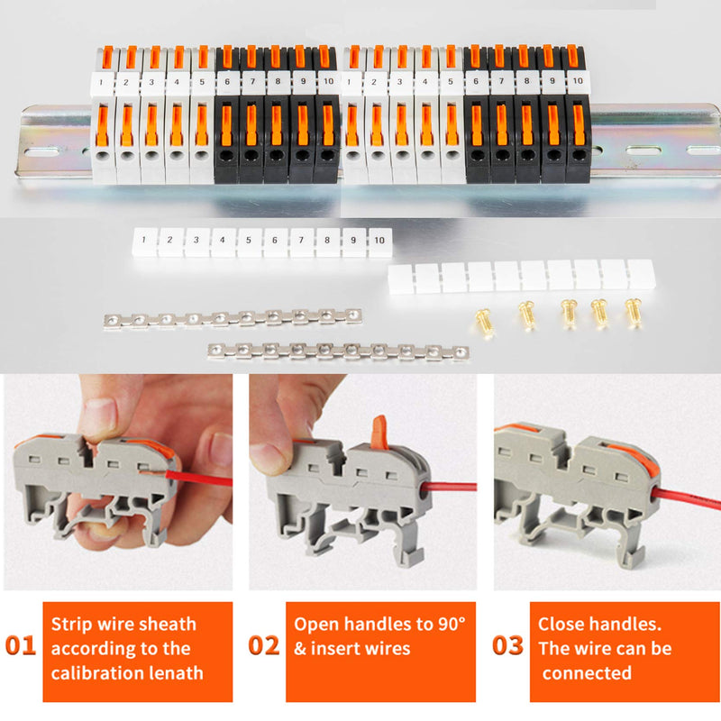 [Australia - AusPower] - DIN Rail Terminal Blocks Kit, with 20pcs Universal Compact Connectors, 2pcs Connection Bar, 2pcs Marker Strip, 2pcs DIN Rail Terminal End Block, 20pcs Screws, with Transparent Storage Box, 28-12 AWG 