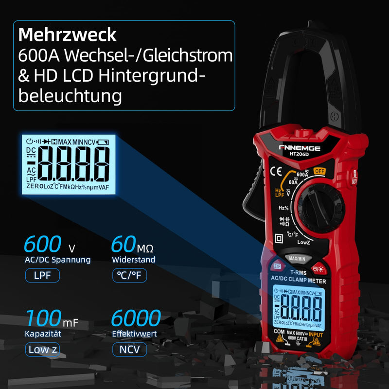 FNNEMGE HT206D Current Clamp, Current Meter DC/AC Current: 0-600A, Multimeter True-RMS 6000 Counts Auto Ranging, Measures Voltage Capacity Continuity (AC/DC Current)