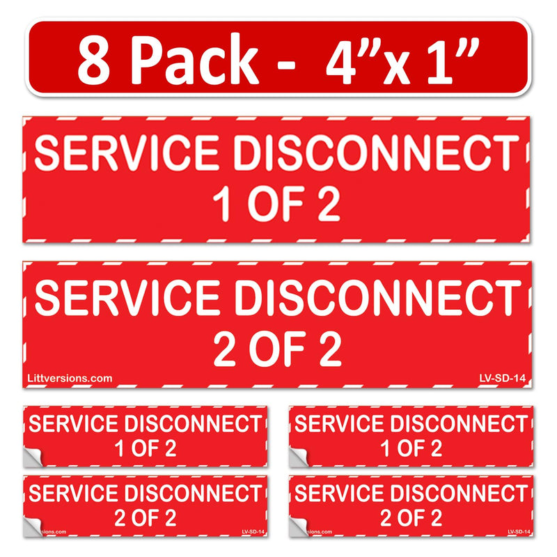 4"x1" 8 Pack Service Disconnects - 1 of 2 & 2 of 2 Outdoor Rated Laminated Labels Emergency Danger Notice Vinyl Waterproof Electrical Panel 1/2 of 2 4"x1"