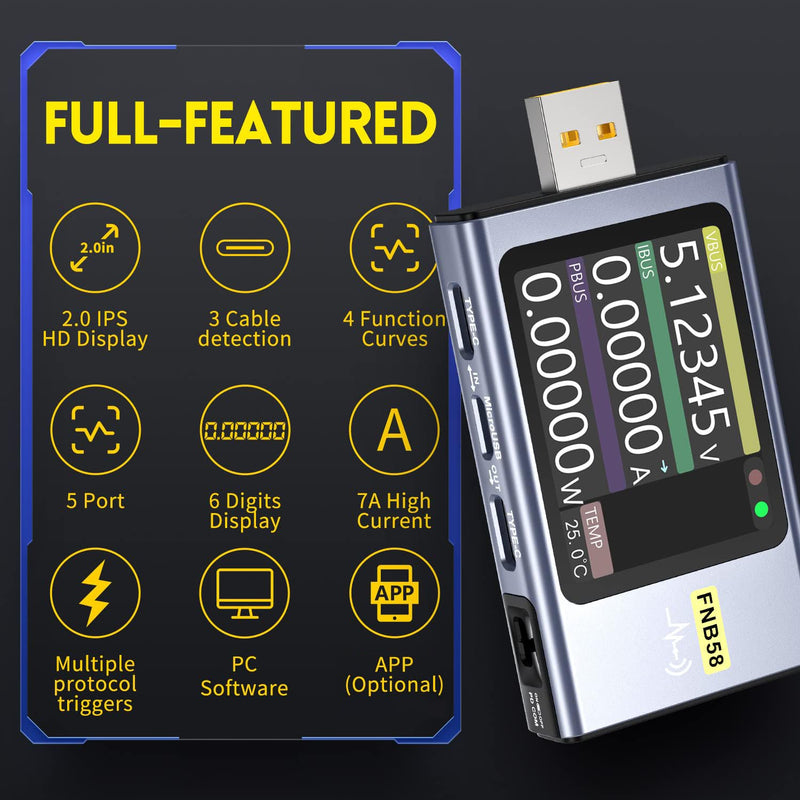[Australia - AusPower] - FNIRSI USB Tester 4-28V 7A LCD USB A&C Voltage Current Power Tester Multimeter, Fast Charge Detection Trigger Capacity Ripple Measurement, PD2.0/PD3.0,QC2.0/QC3.0 
