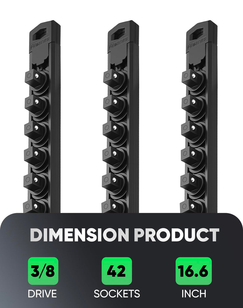 ALOANES Magnetic Socket Organizer Set, 3-Piece Heavy Duty Aluminum Socket Rails, 360° Swivel Clips Socket Rail Kit for Tool Tray Drawer Fit 3/8-Inch x 42 Clips (Black, 3PC) Black 3PC, 3/8-Inch Drive