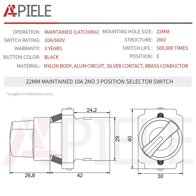 [Australia - AusPower] - APIELE (Pack of 2) 22mm 3 Position Selector Switch Maintained 2NO XB2-20X/31 (3 Position Maintained) 3 Position Maintained 
