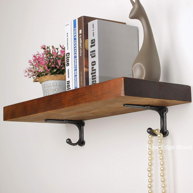 Rustic Shelf Brackets & Supports, Black Shelf Bracket with Hook, Cast Iron Wall Shelf Brackets, Heavy Duty Brackets for Wood Shelves, 6 Inch 2 Pack 6Inch 2Pack