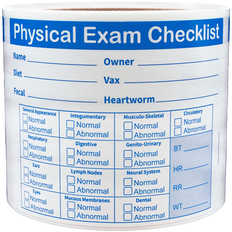 Physical Exam Checklist Veterinary Labels 3 x 4 Inch 100 Total Stickers