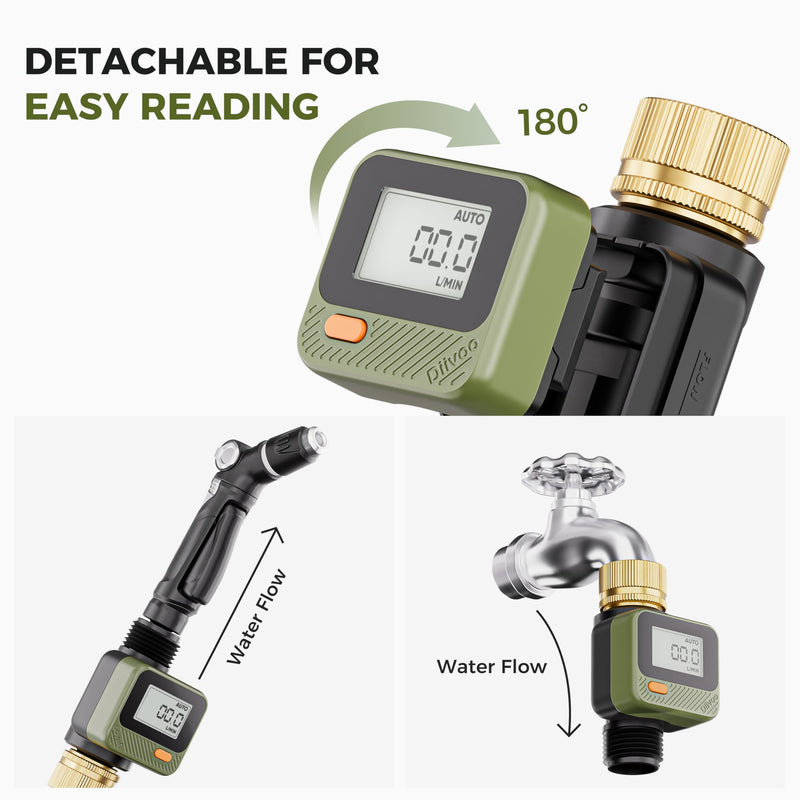 [Australia - AusPower] - Diivoo Water Flow Meter with 180° Removable Panel, 4 Measure Modes, ±5% High Accuracy and IP54, Measure Gallon/Liter Consumption and Flow Rate for Outdoor Garden Hose Watering, RV Water Tank Filling 