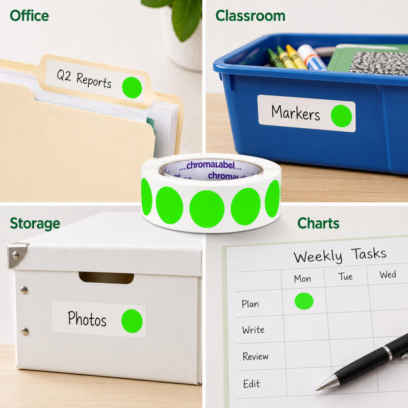 ChromaLabel 1 Inch Round Fluorescent Green Dot Stickers, Writable Matte Paper Color Coding Labels for Inventory, Office, Classroom, Warehouse - 1000 per Roll 1"