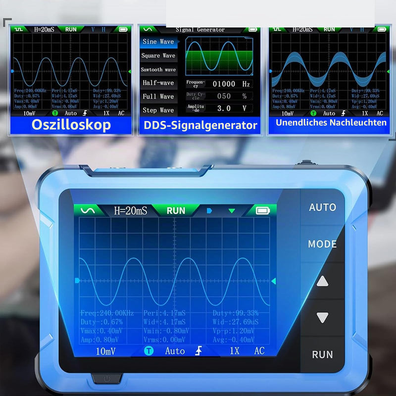 Pocket Oscilloscope 2in1, Upgrade Oscilloscope Signal Generator 10MHz Bandwidth, 48MS/s Sampling Rate, 13 Waveform, Data Transfer & Images Saving, Auto/Nomal/Single Trigger Function blue