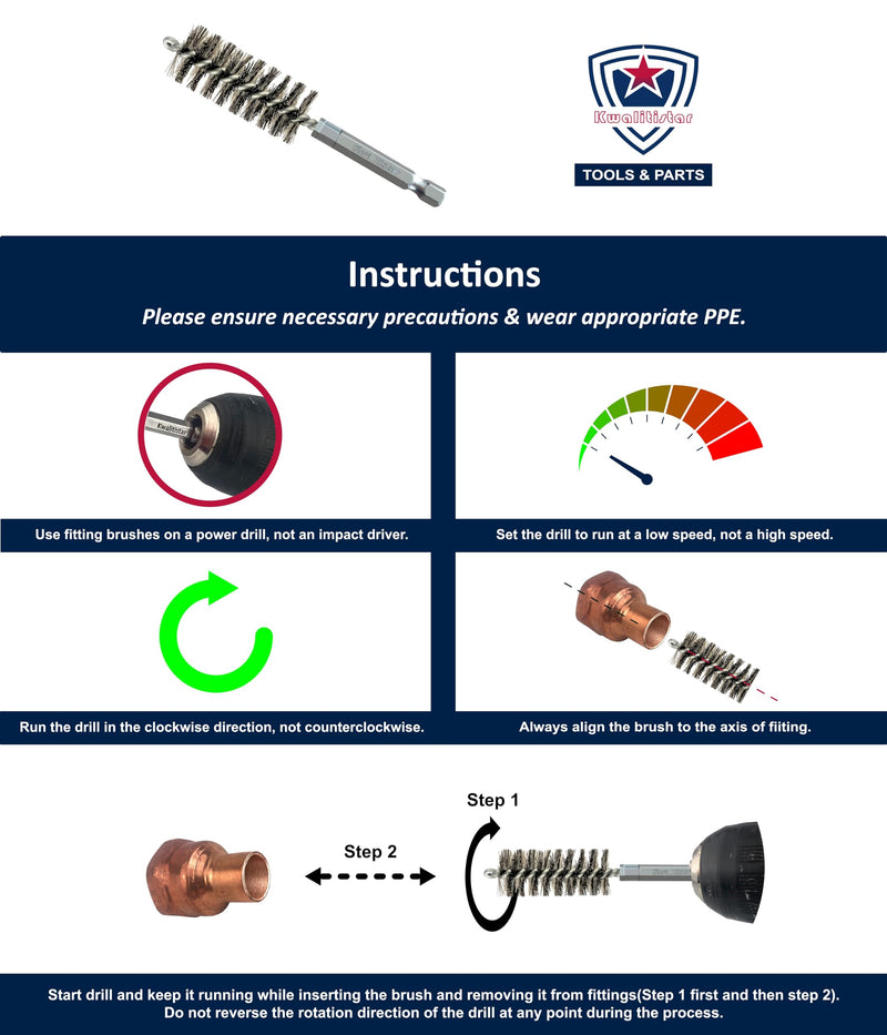 [Australia - AusPower] - 3-Size[6pc] Fitting Cleaning Brush Set (1/2, 3/4, 1.0-inch) Copper Pipe Cleaner for Power Drill, Stainless-Steel Wire Bore Brush, Metal Tube Brushes, Prep Copper/Bronze/Brass Fittings for Soldering 
