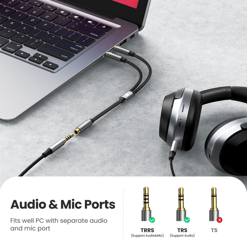 [Australia - AusPower] - UGREEN Headphone Splitter for Computer 3.5mm Female to 2 Dual 3.5mm Male Braided Audio Splitter Cable Microphone Stereo Jack Earphones Port Cord Gaming Headset to PC Laptop Adapter Black 