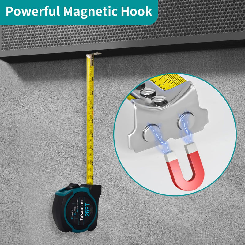 Takamine Tape Measure Professional 26 Feet, 1/8 Fraction Easy Read Retractable Measuring Tape, with Magnetic Hook, Manual Lock, Rubber casing, Suitable for Engineers/Surveyors/Carpenters/Construction