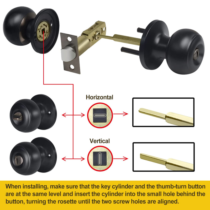 CML Hardware (2 Pack) Privacy Door Knob for Bedroom and Bathroom, Stainless Steel Keyless Door Locks for Bed/Bath, Round Ball Handle, Matte Black 2 Pack