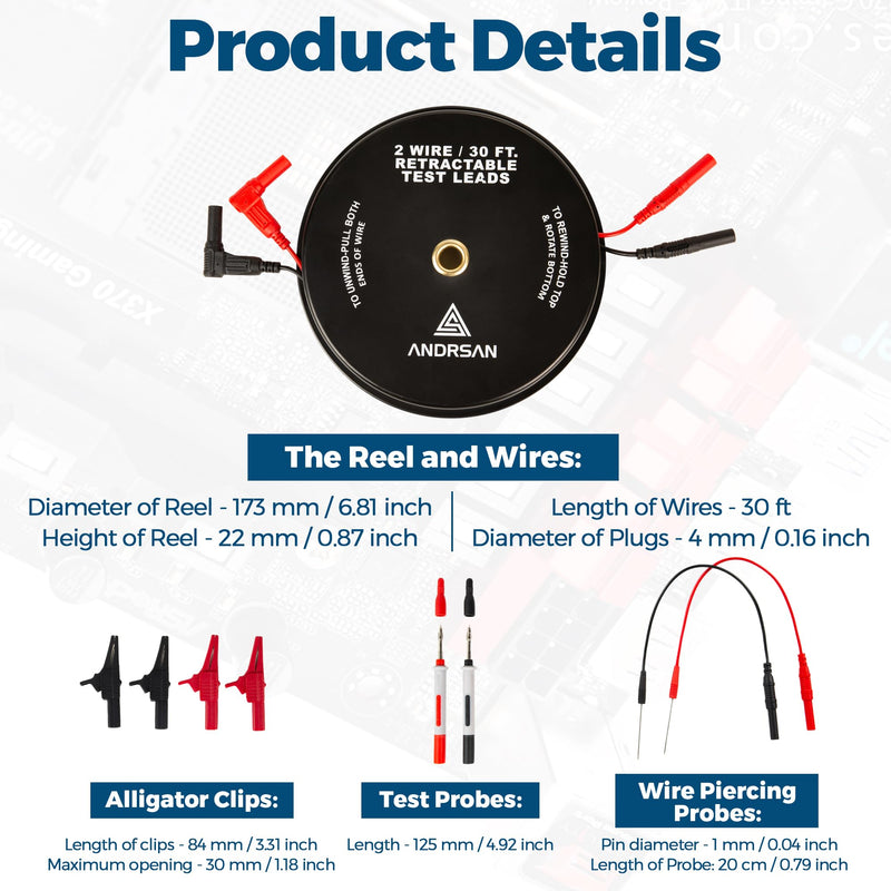 [Australia - AusPower] - 2 Wire 30 ft Retractable Test Leads with 4 mm Banana Plugs, 18 AWG Multimeter Test Leads with 4 Alligator Clips, 2 Test Probes and 2 Wire Piercing Probes, Test Lead Kit for Testing Electrical Circuits 