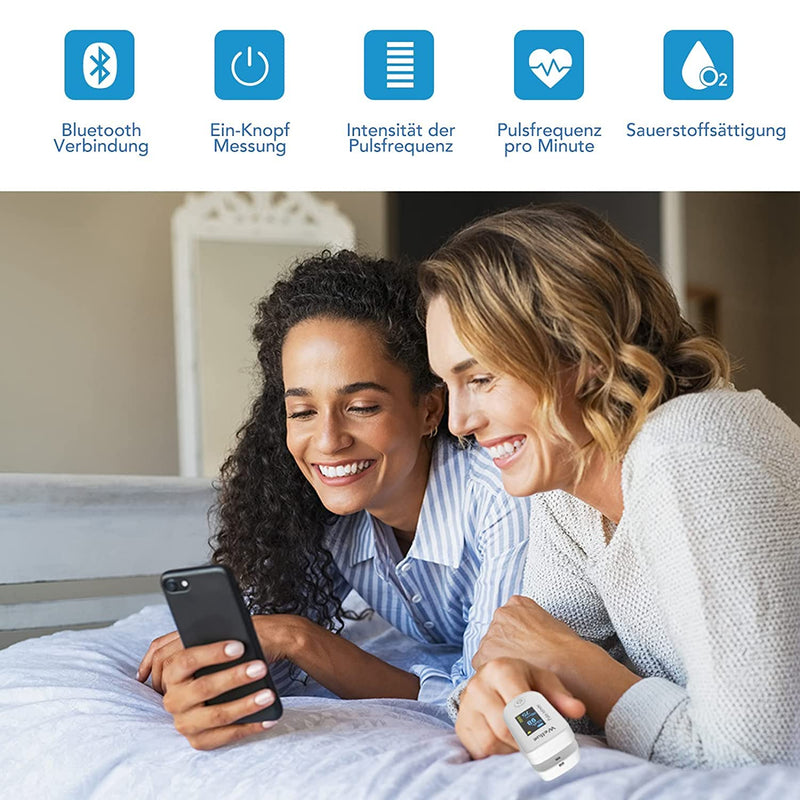 [Australia - AusPower] - Pulse Oximeter with Data Memory, Bluetooth App, Oxygen Saturation Measurement, Finger Pulse Oximeter, Oxygen Content Health Monitor, Heart Rate Monitor and SpO2 White 