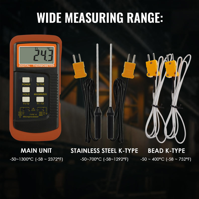 [Australia - AusPower] - Dual Channels Thermocouple Thermometer 4 Thermocouples (Wired & Stainless Steel), Handheld Desktop High Temperature Kelvin Scale Sensor Tester Temperature Range -50~1300°C (-58~2372°F) 