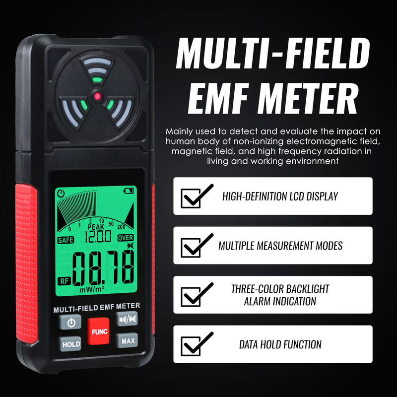 [Australia - AusPower] - 3-in-1 EMF ELF RF Meter, AC Electric Magnetic Radiation Field Detector Portable EMF Meter RF Detector for EF/RF/MF/WiFi Signal/Microwave, Emf Radiation Meter Suitable for Home, Office, Ghost Hunting 
