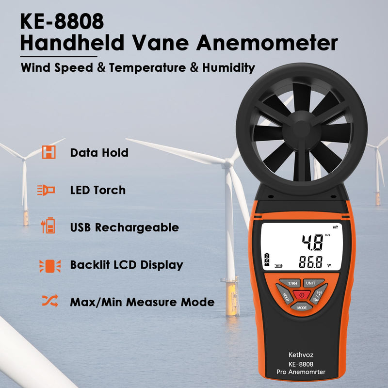 [Australia - AusPower] - Handheld Vane Anemometer Air Flow Tester, Kethvoz Digital Wind Speed Meter Measure Air Velocity 0.3~30m/s, Test Temperature Humidity, Portable Carrying Case Included 