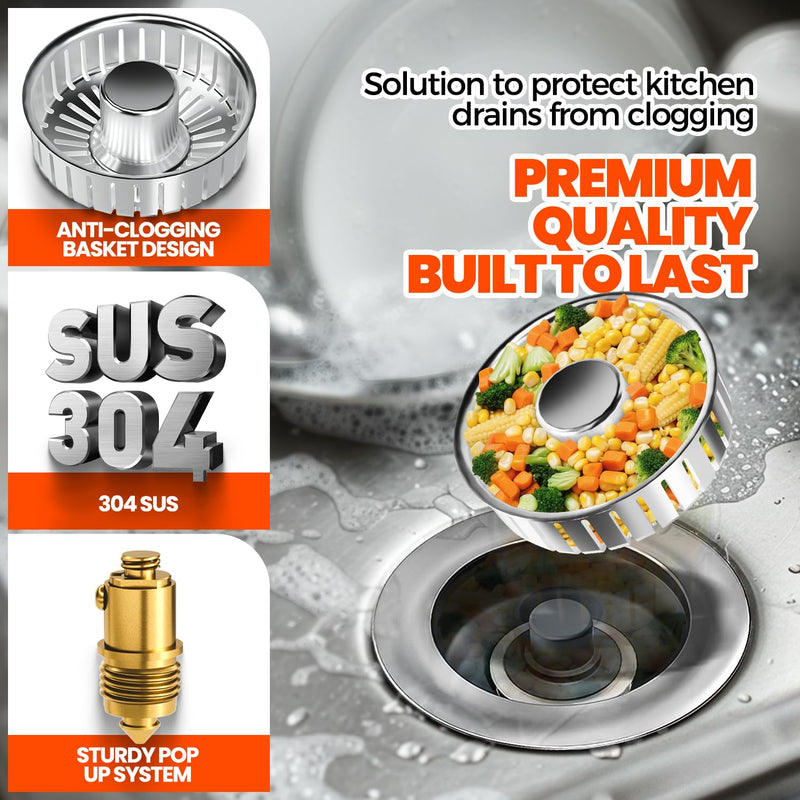 Kitchen Sink Drain Strainer & Sink Stopper, Upgraded 3 in 1 Stainless Steel Drain Plug Combo with Anti-Clog Basket, Pop Up Drain Cover for Standard 3-1/2'', Fits Double Bowl Kitchen Sinks 2pack Chrome Silver