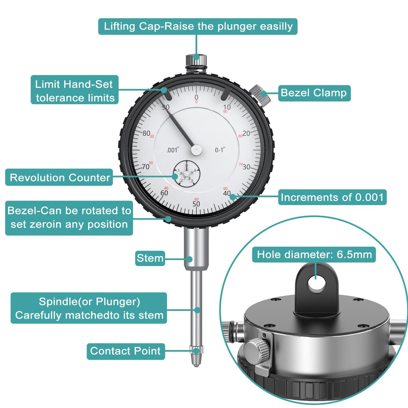 [Australia - AusPower] - HDLNKAK Table Saw Dial Indicator Gauge, 0-1"/0.001" Dial Indicator, Table Saw Alignment Gauge Suitable for Calibrating Workshop, Machinery, Band Saw and Drill Press 